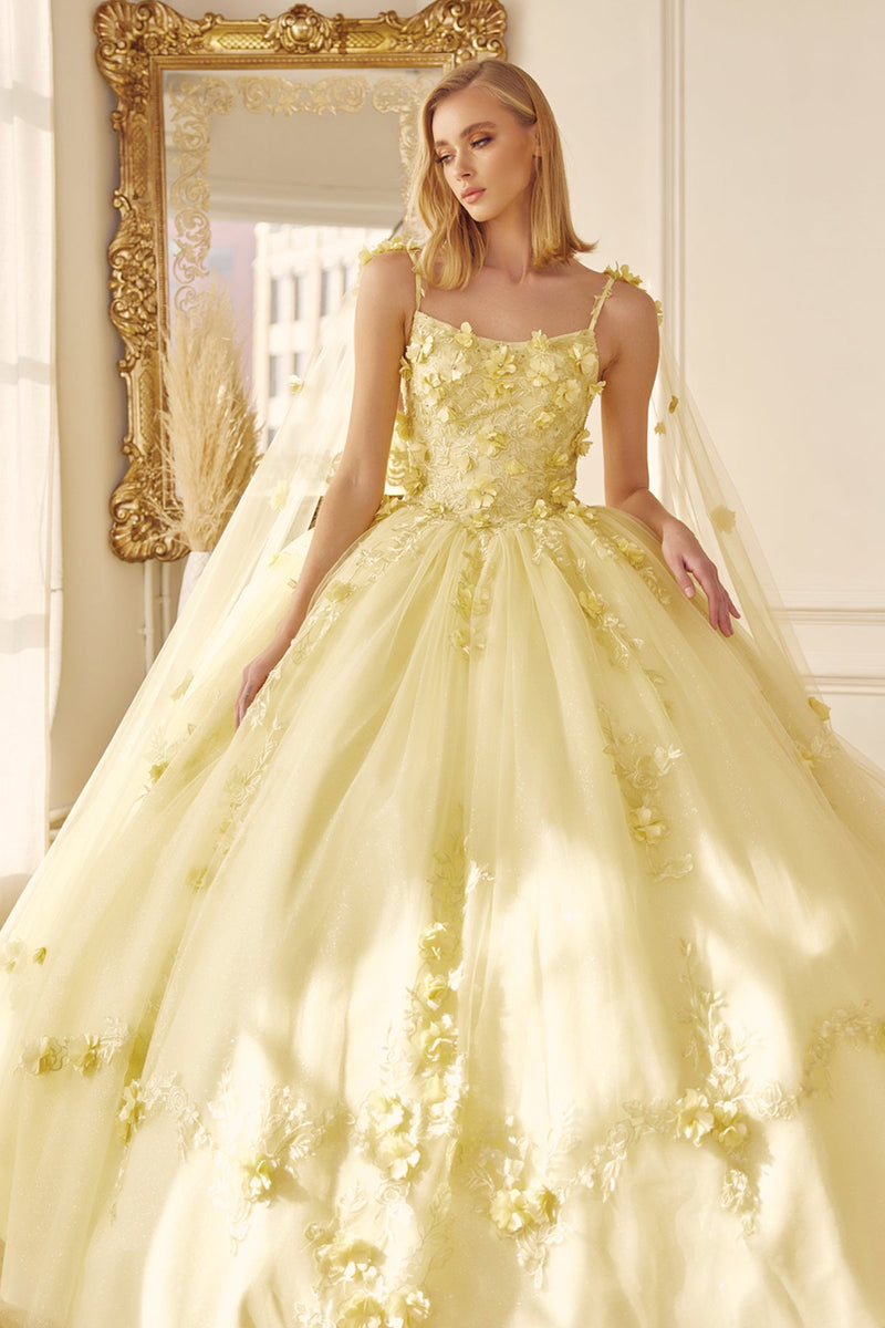 Juliet 1436 3D Floral Applique Glitter Tulle Cape Dress