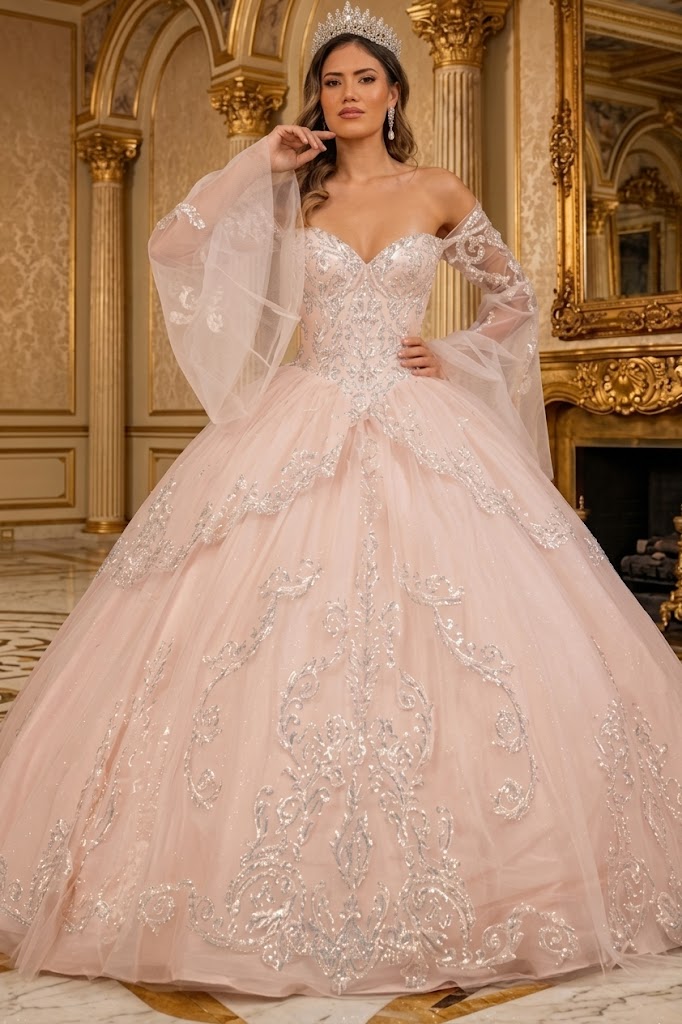 Off Shoulder QuinceaƱera Ball Gown with Glitter Tulle Sequin Embroidery Dress by Elizabeth K GL3109