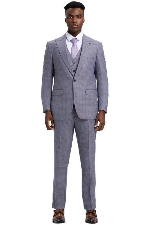 Light grey Stacy Adams suit: single-button, wide peak lapel, windowpane plaid. Includes vest, tailored fit. Subtle contrasting color, structured fabric. Formal.