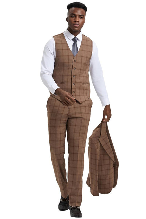 Men's Stacy Adams one-button suit in light brown windowpane plaid. Includes a five-button vest and tailored fit trousers. Textured weave fabric enhances the pattern.