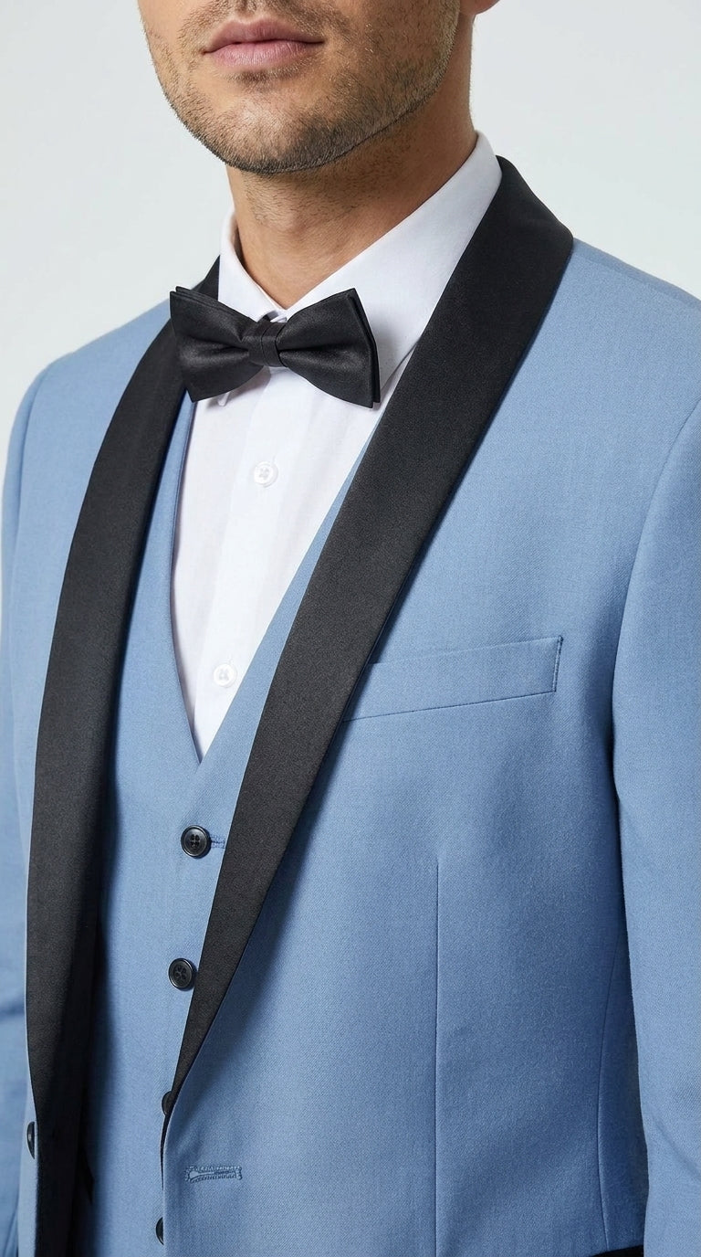 Men’s Powder Blue 3 Piece Tuxedo Suit – Light Blue Shawl Lapel Wedding Prom Suit with Vest