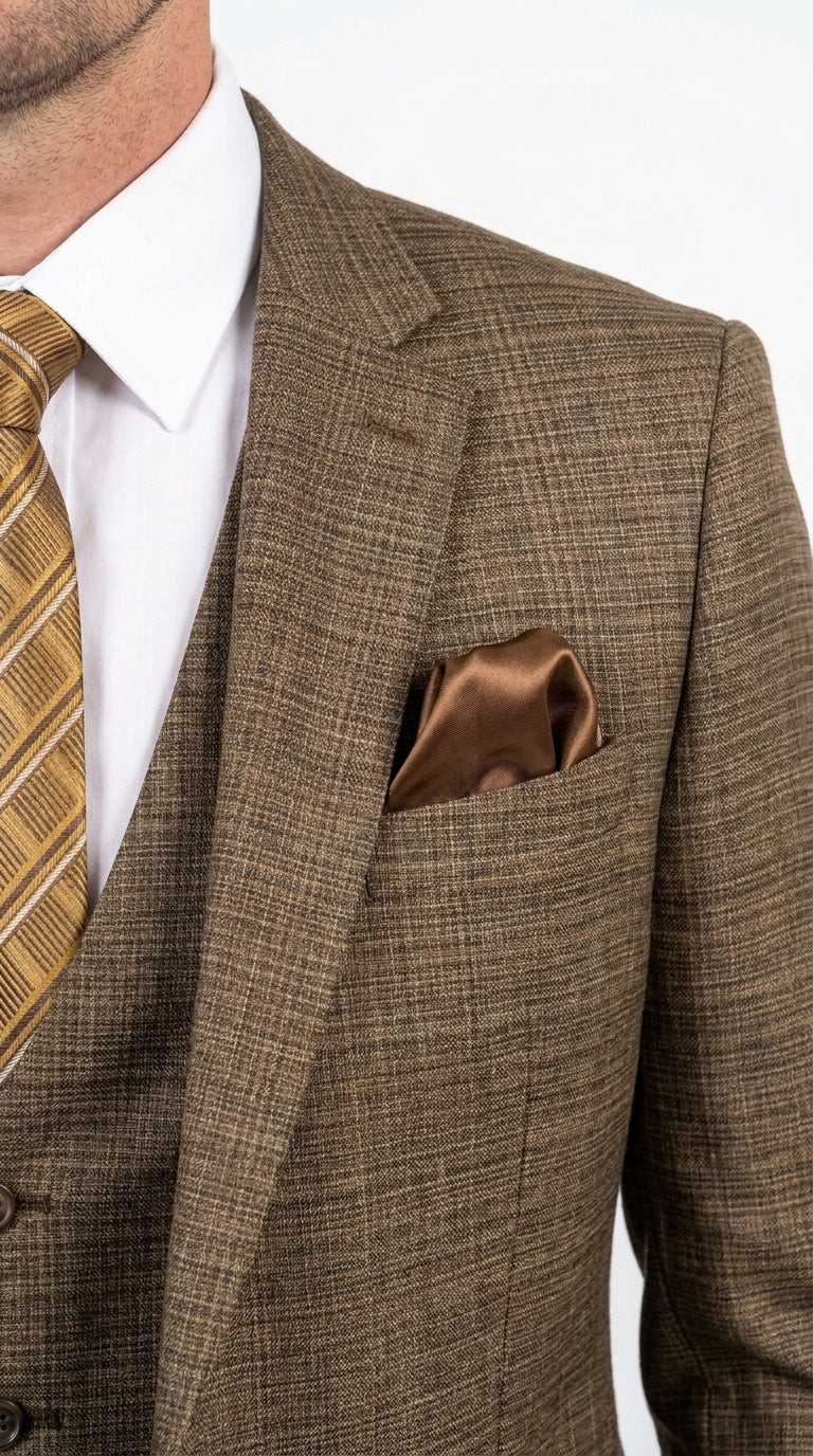 Men's Great Gatsby Brown Checker Plaid Texture 3-Piece Suit ā Classic Fit Business, Wedding & Formal Suit Set - Victorian style 1920s