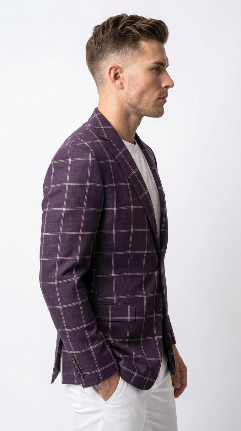 Men's Purple Windowpane Sport Coat ā Classic Fit Plaid Blazer Jacket for Business, Wedding & Casual Wear