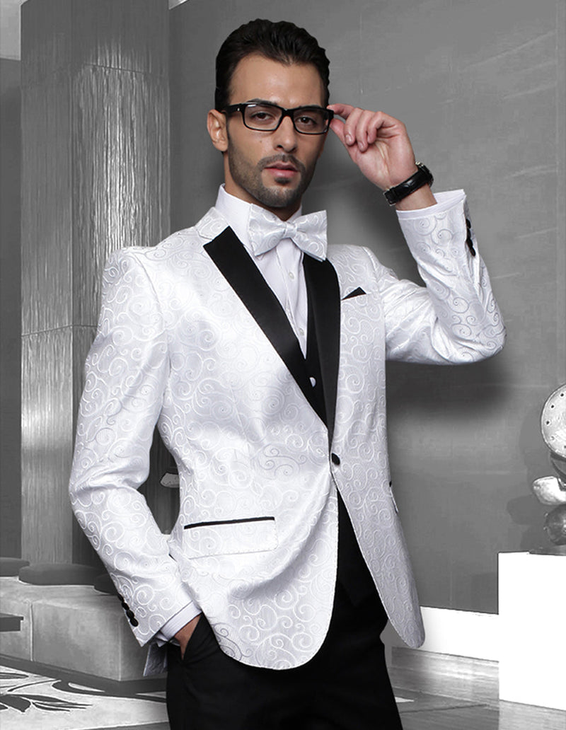 White tuxedo with swirl pattern, black notch lapel, and pocket accents. Fitted jacket with a matching vest. Elegant and stylish.
