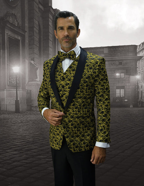 Men's gold floral tuxedo jacket with black shawl lapel. Fitted shape, long sleeves, tailored waist. Includes vest and bow tie, all in smooth fabric, creating a formal and stylish look.