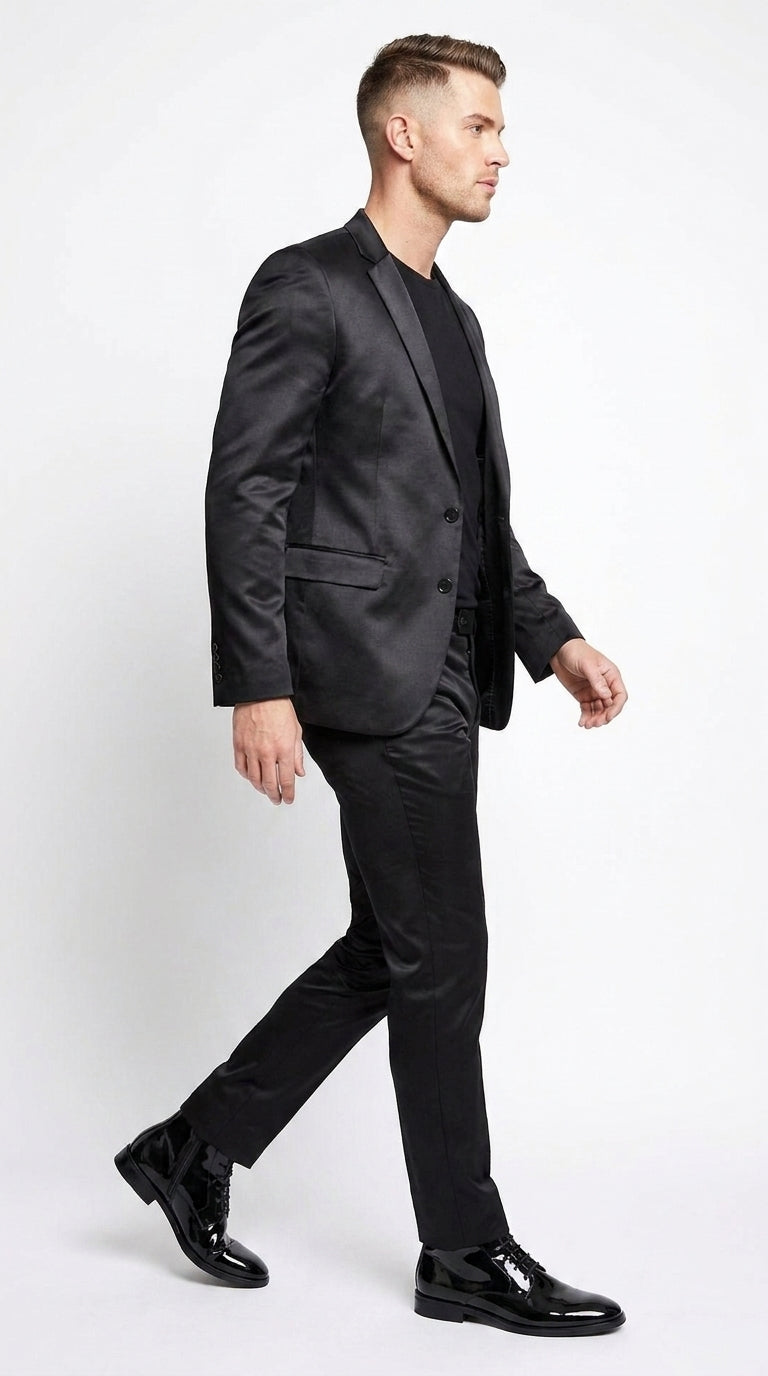 Men’s Black Shiny Sharkskin 2 Piece Suit, Formal Wedding Prom Party Dress Suit