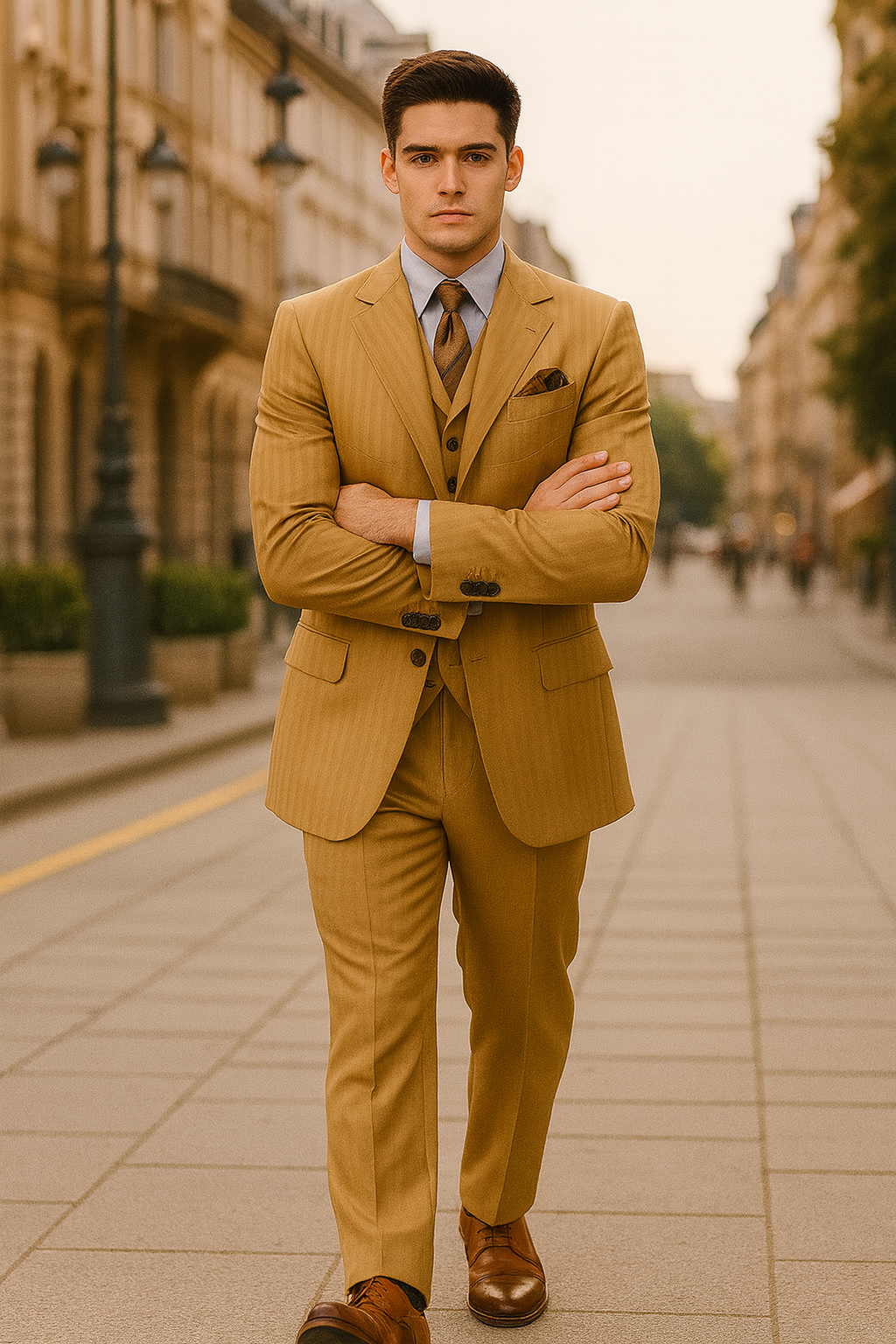 Mens 4 button Semi Wide Leg Shiny Tonal Stripe Fashion Gold Suit