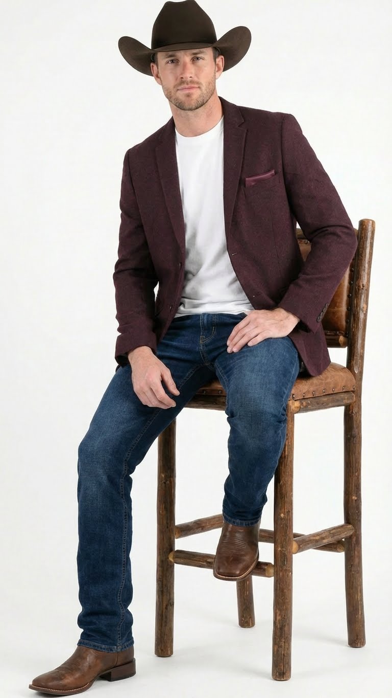 Mens Burgundy Western Blazer Jacket, Textured Cowboy Style Sport Coat for - Tweed Herringbone Maroon Color