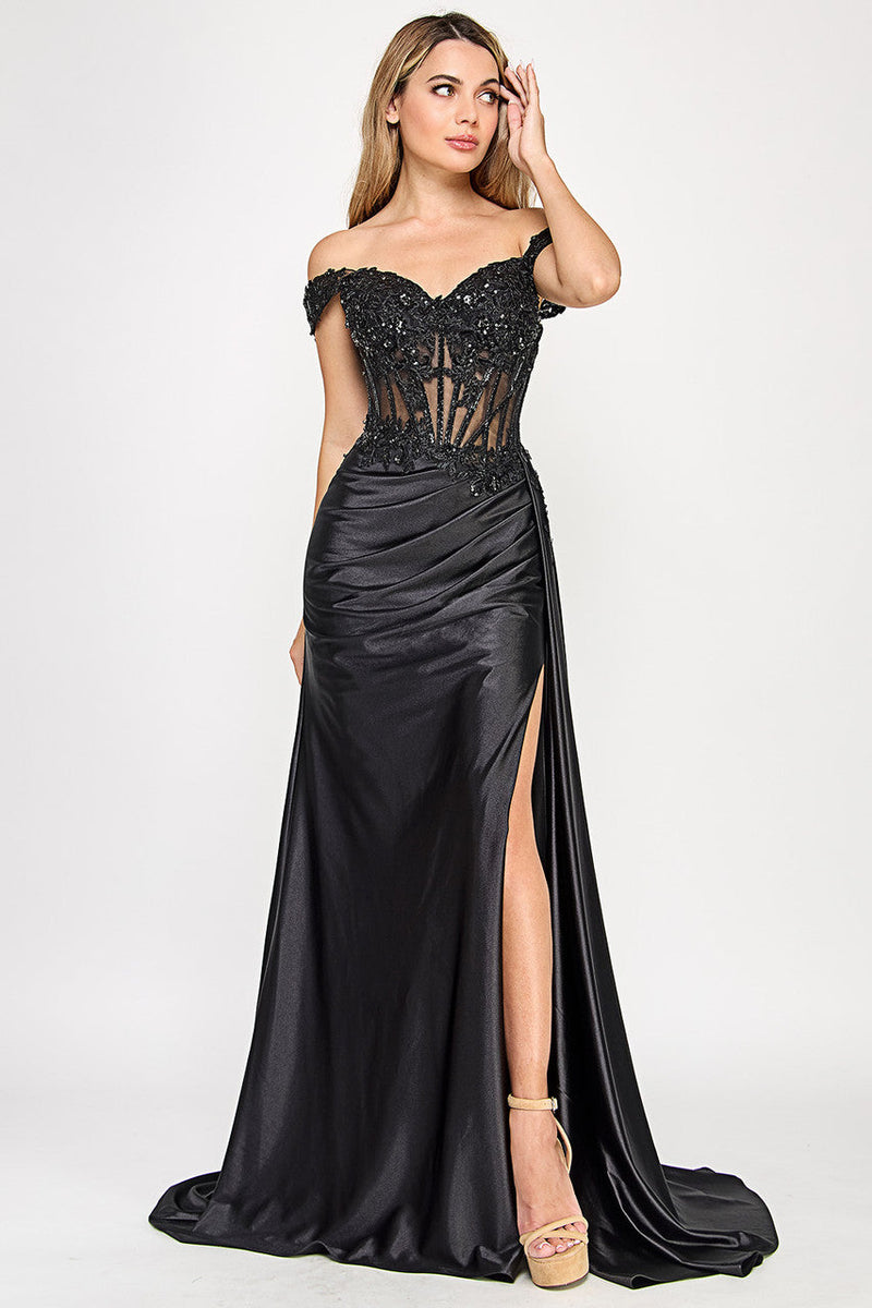 Off Shoulder Satin Evening Gown with Lace Corset Bodice High Slit & Lace-Up Back by Lenovia 8360