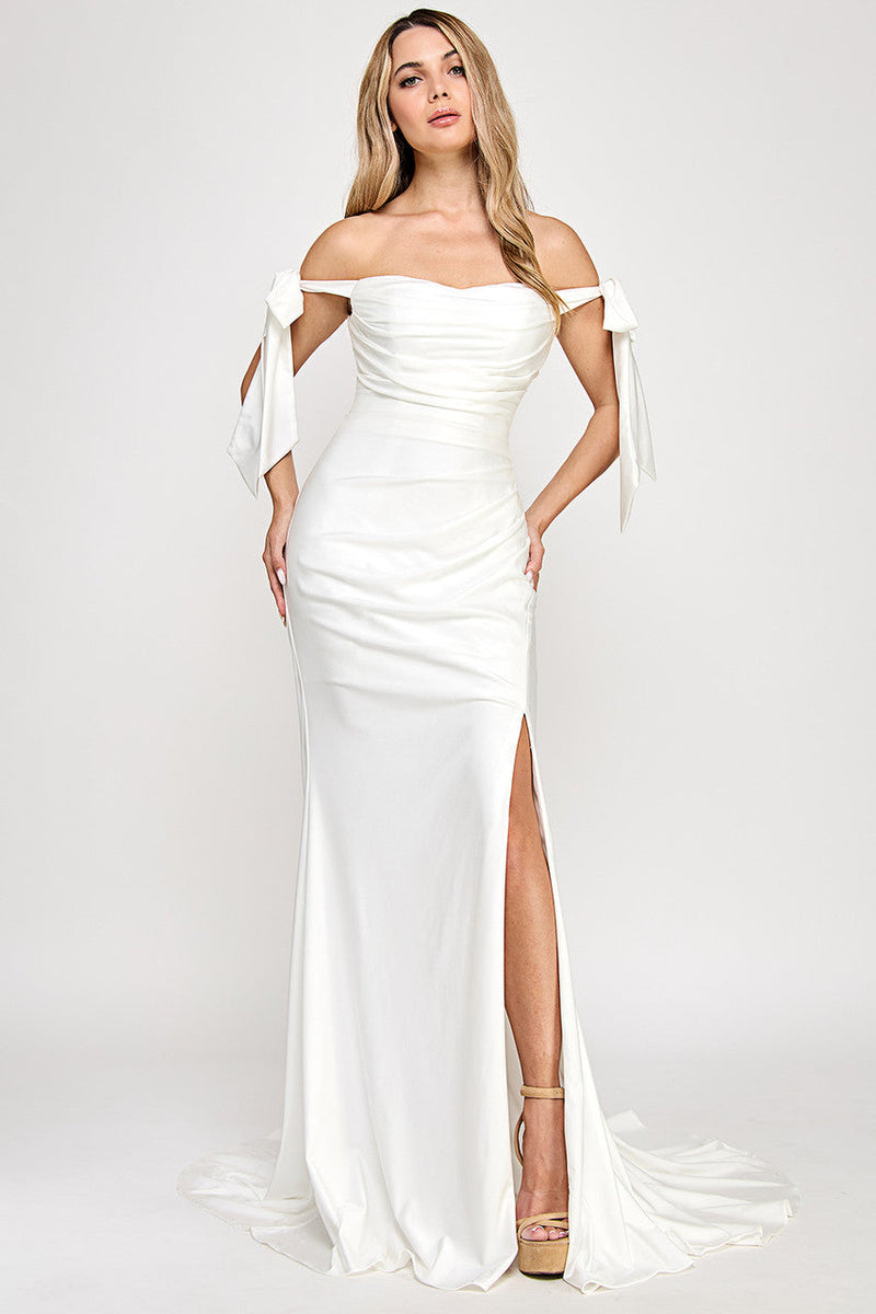 Off Shoulder Satin Mermaid Evening Gown with Bow Tie Sleeves Open Back by Lenovia 8358