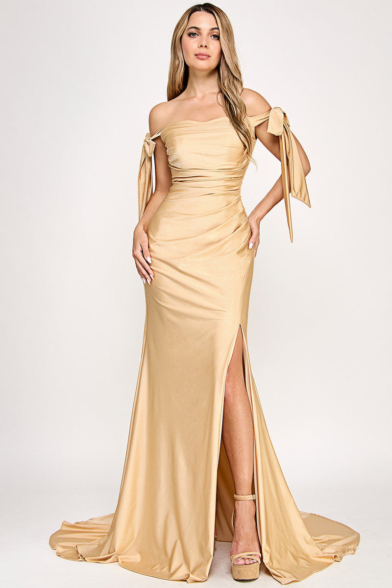 Off Shoulder Satin Mermaid Evening Gown with Bow Tie Sleeves Open Back by Lenovia 8358