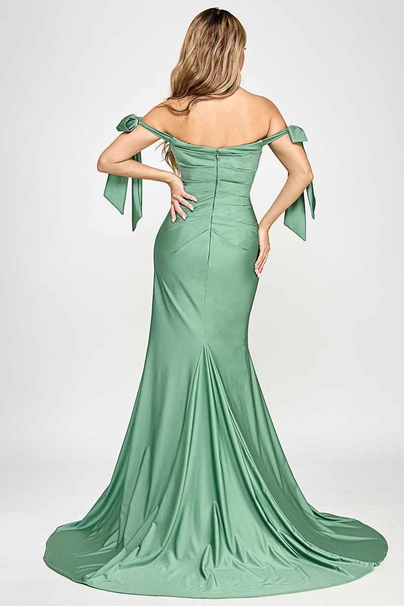 Off Shoulder Satin Mermaid Evening Gown with Bow Tie Sleeves Open Back by Lenovia 8358