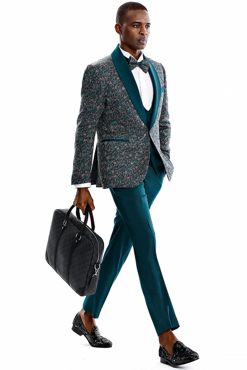 "Vintage Splatter Print Men's Prom 2025 Tuxedo - One Button, Shawl Lapel, Vested, Green"