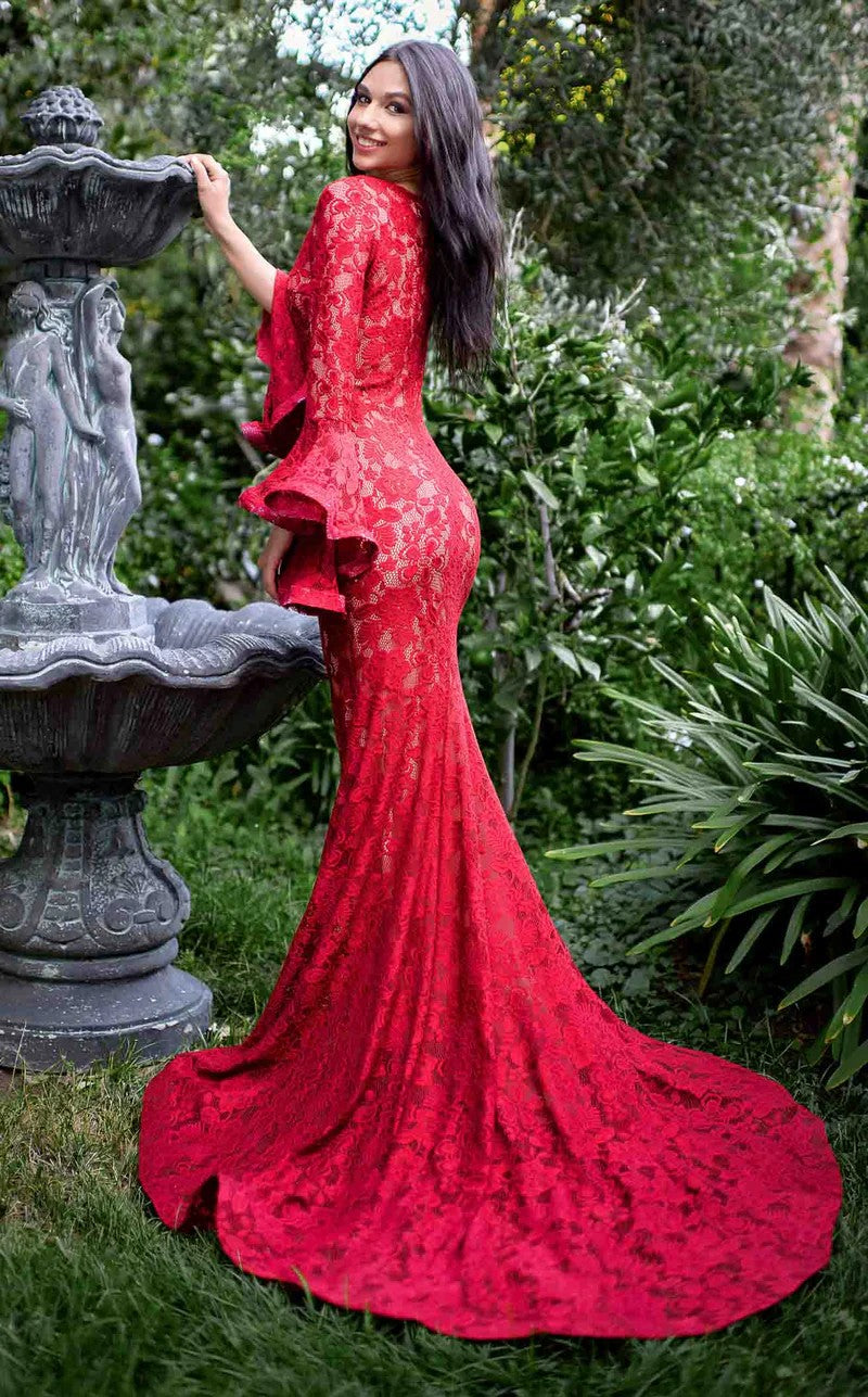 Jessica Angel JA420 V-Neck Long Sleeve Mermaid Train Stretch Lace Dress