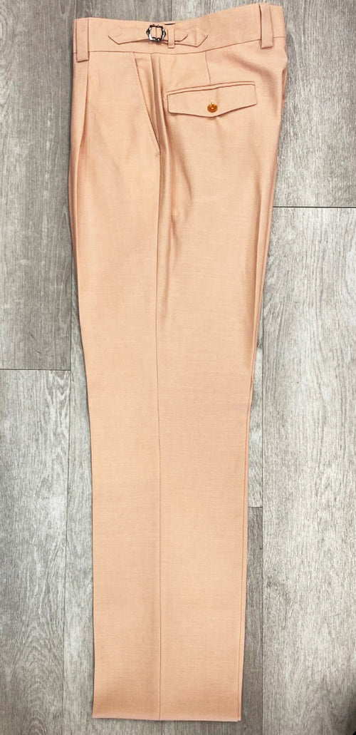 Tiglio Luxe Marbella blush wide-leg pants: fitted waistband, lightweight fabric. Single right pocket with gold button. Clean, tailored look. Solid blush color.