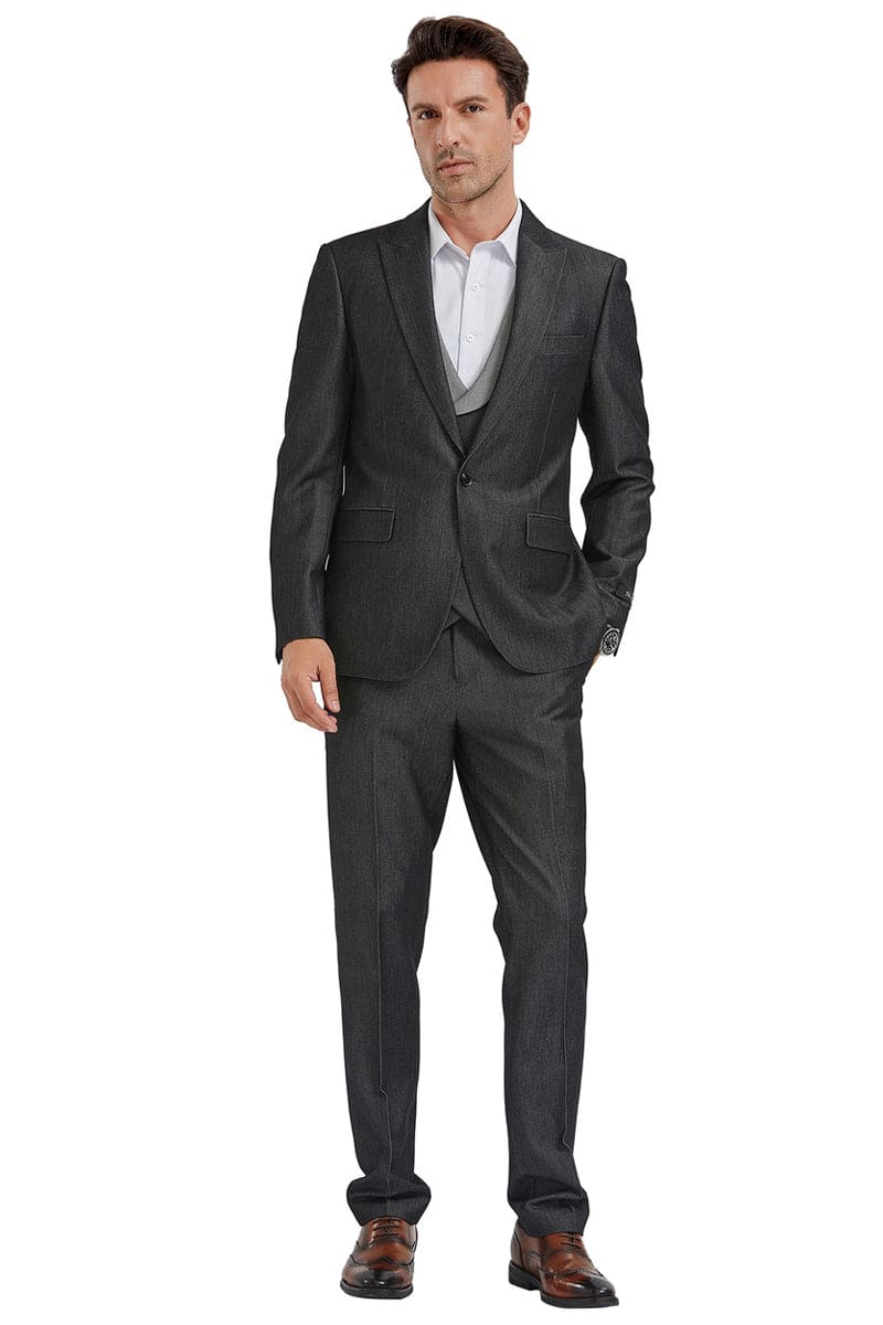 "Black Sharkskin Men's Double Breasted Vest Suit - One Button Peak Lapel"