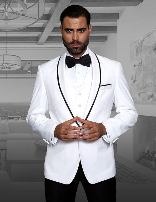 Men's wool tuxedo with shawl lapel and satin trim. Available in white and black. Single-button jacket with black edge trim. Includes a vest.
