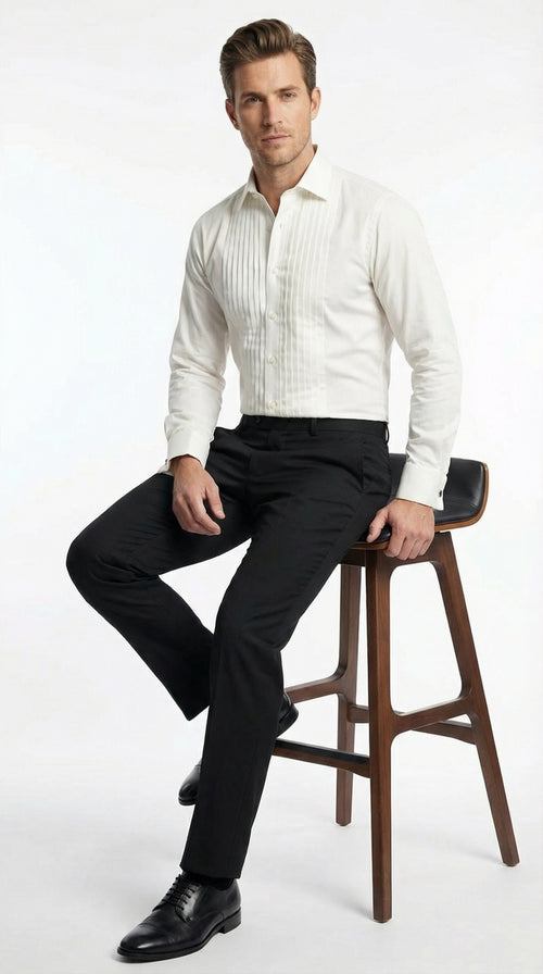 Men’s Ivory Cream Off White Pleated Tuxedo Dress Shirt | French Cuff Formal Wedding Shirt