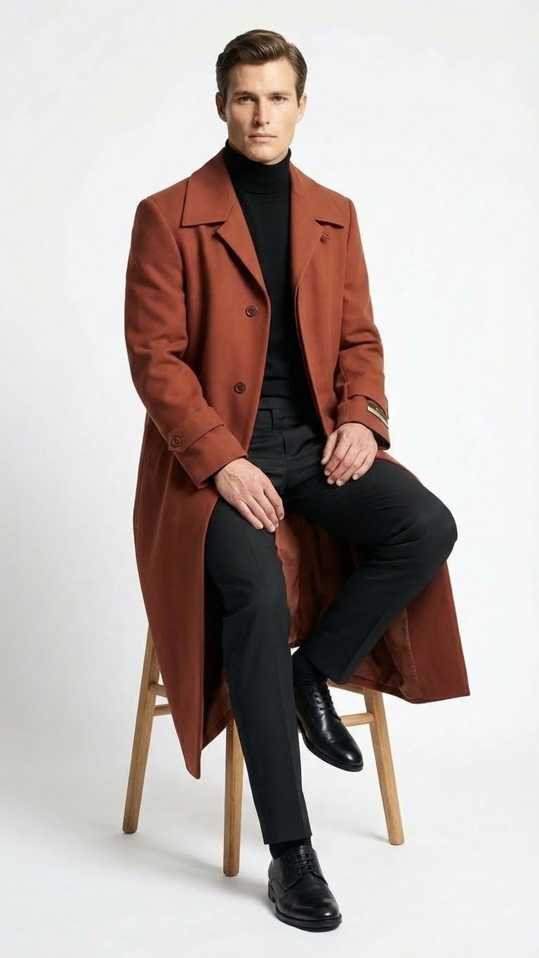 Alberto Nardoni men's cognac overcoat. Full-length, tailored silhouette with wide lapels and single-breasted front. Dense fabric, contrasting buttons, lined interior, and straight cut to mid-calf.