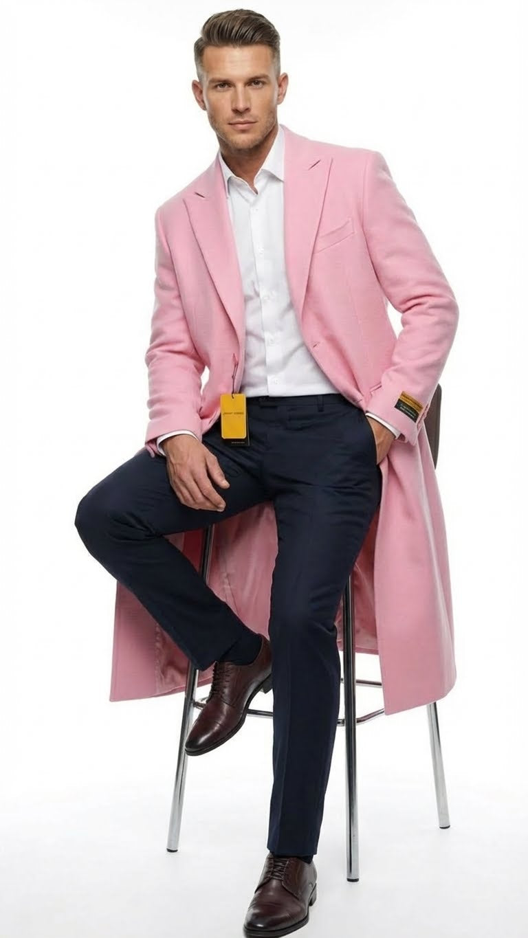 Men's slim-fit pink wool blend overcoat. Tailored design with notched lapel, single-breasted front, and two pockets. Smooth, warm fabric in rich pink, extending below the knees.