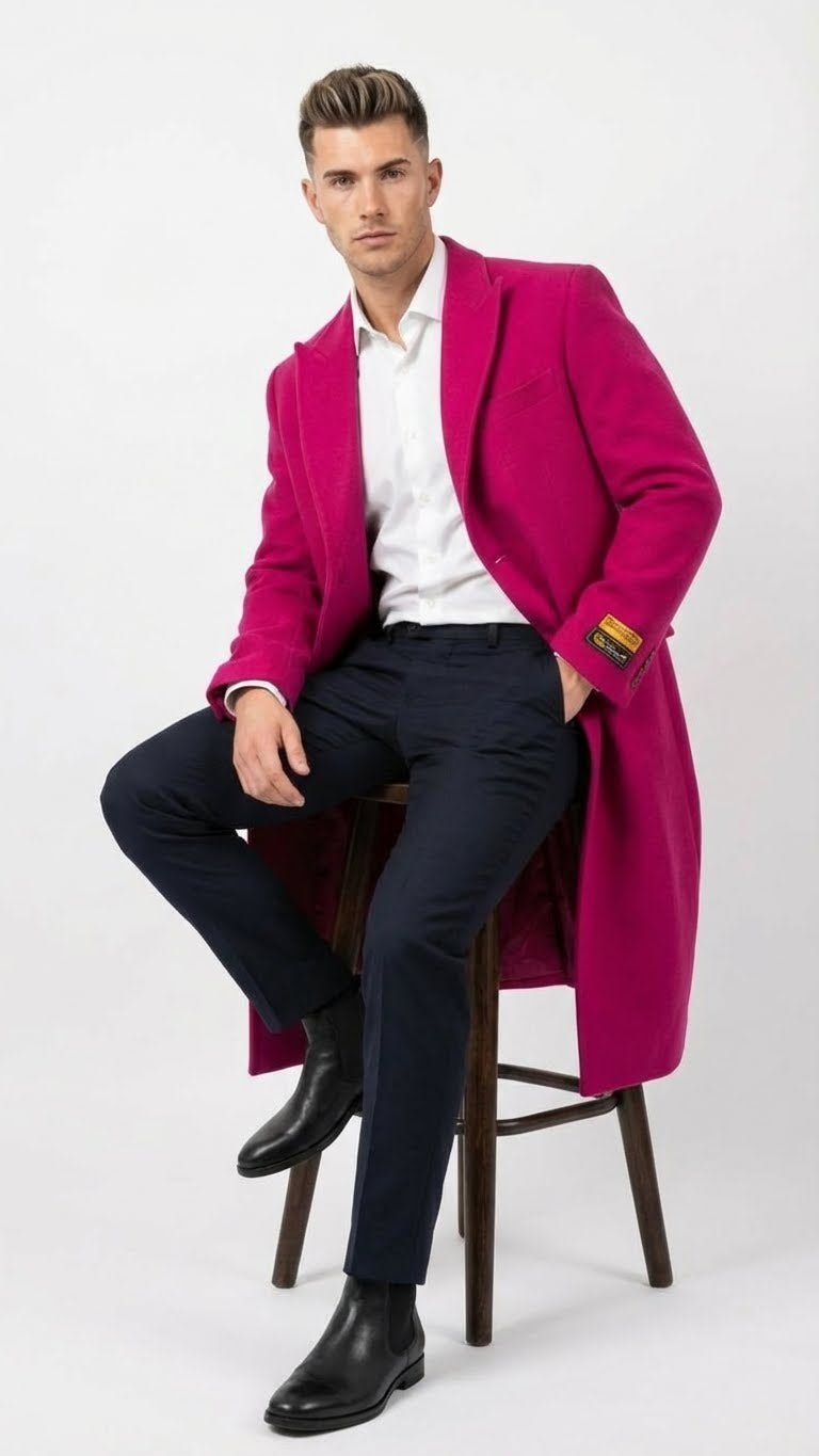 Men's hot pink wool blend overcoat. Long, tailored silhouette with structured collar and single-breasted front. Thick, warm fabric suitable for winter.
