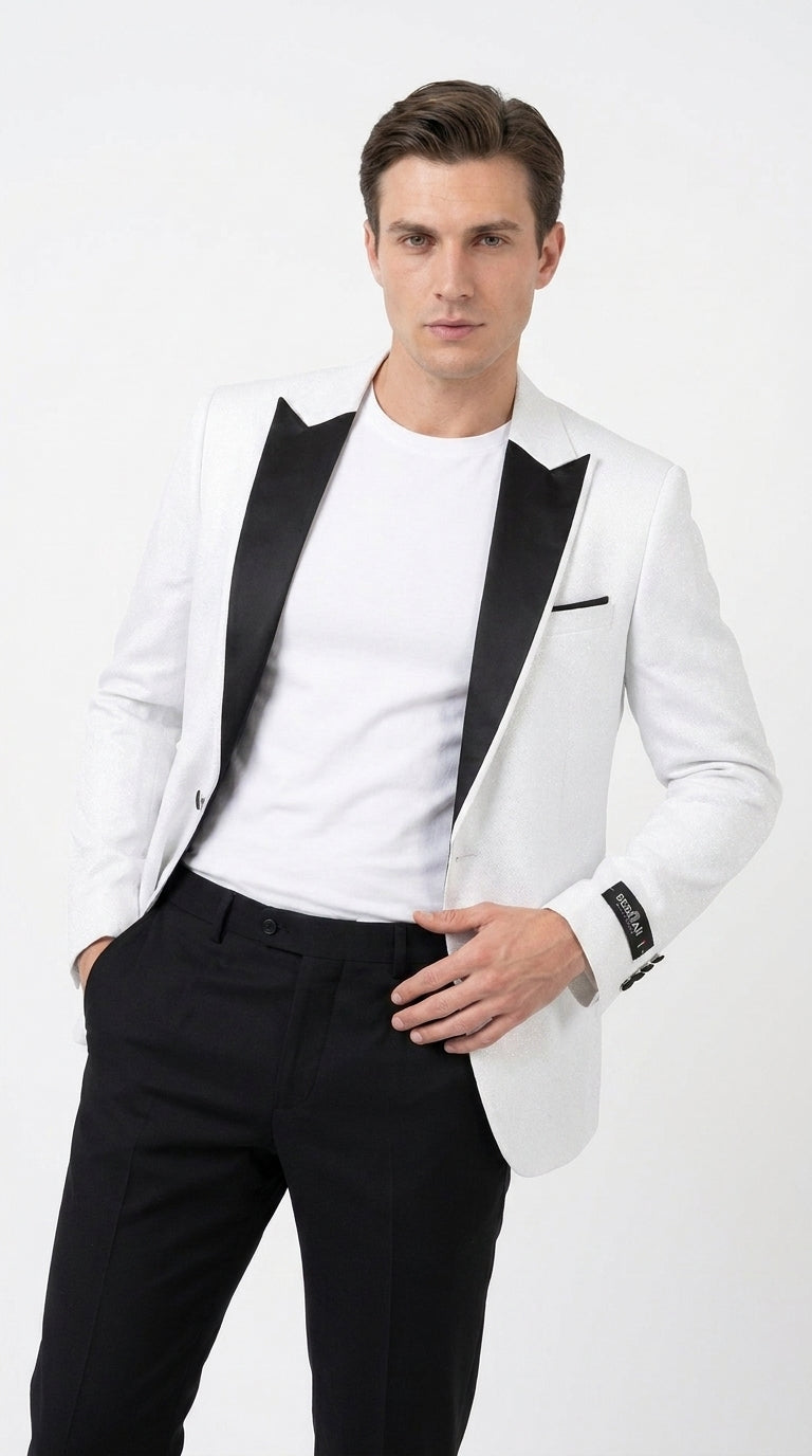 Men's White Sparkle Dinner Jacket – Black Satin Shawl Lapel Tuxedo Blazer Slim Fit Sequin Shiny Prom Jacket