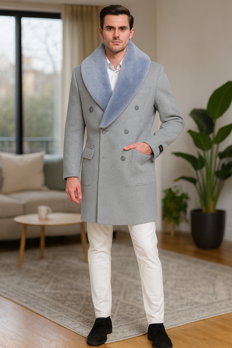 Men's light grey double-breasted overcoat. Wool fabric, faux fur shawl collar, tailored shape, and two front pockets.