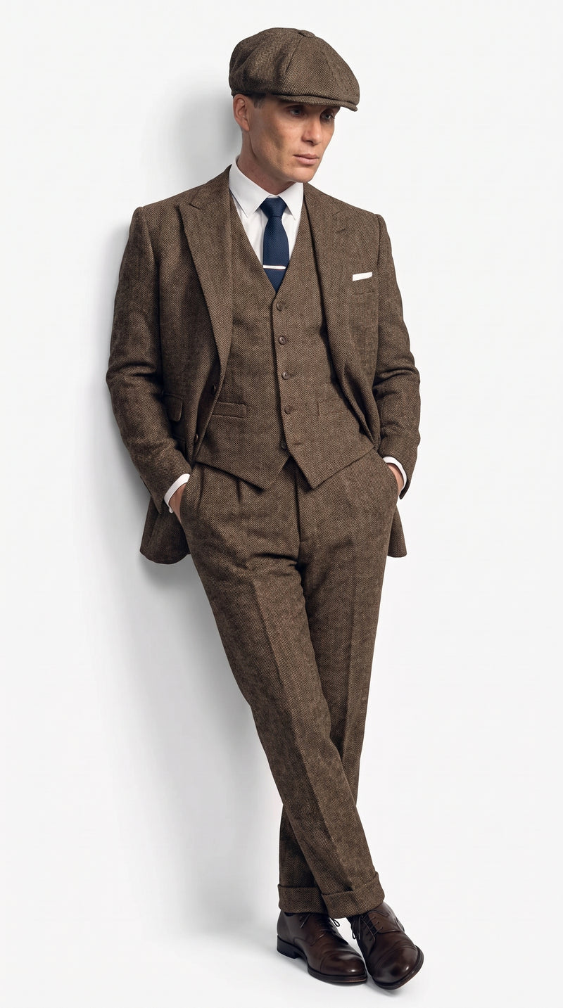 Men's Thomas Shelby Brown Tweed Herringbone 3-Piece Suit – Peaky Blinders 1920s Vintage-Style Suit with Matching Vest & Trousers