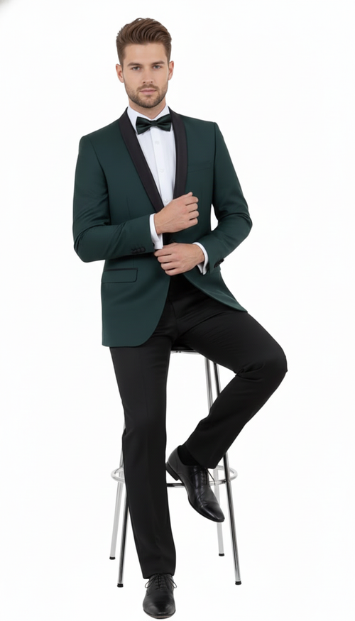 Alberto Nardoni men's green tuxedo suit: fitted blazer with black satin lapels, single-button closure, and straight-leg black trousers. Includes white shirt & black bow tie for formal wear.