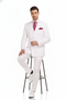 White men's 3-piece suit: double-breasted jacket, waistcoat, and slim-fit trousers. Uniform white, crafted from smooth fabric. Features sharp lapels and button closures. Clean, modern silhouette.