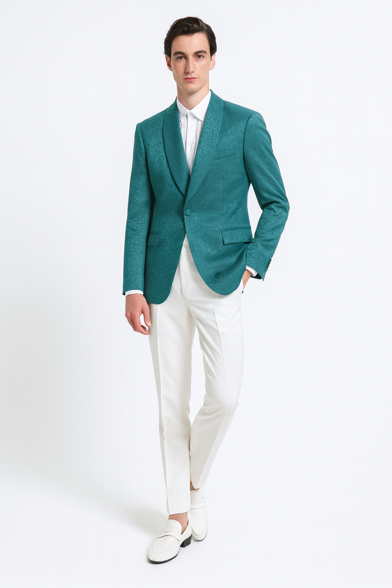 Men's slim-fit teal green blazer with floral jacquard texture. Features a single-button closure, peaked lapels, and two pockets. Smooth, glossy fabric enhances the vibrant color.