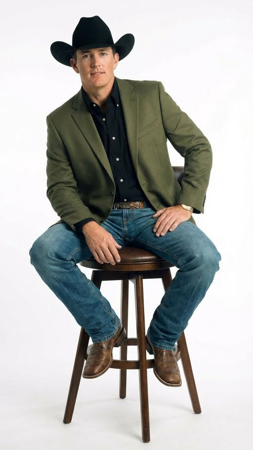 Mens Olive Green Western Blazer Jacket, Classic Cowboy Style Sport Coat for Casual Formal Wear with Jeans