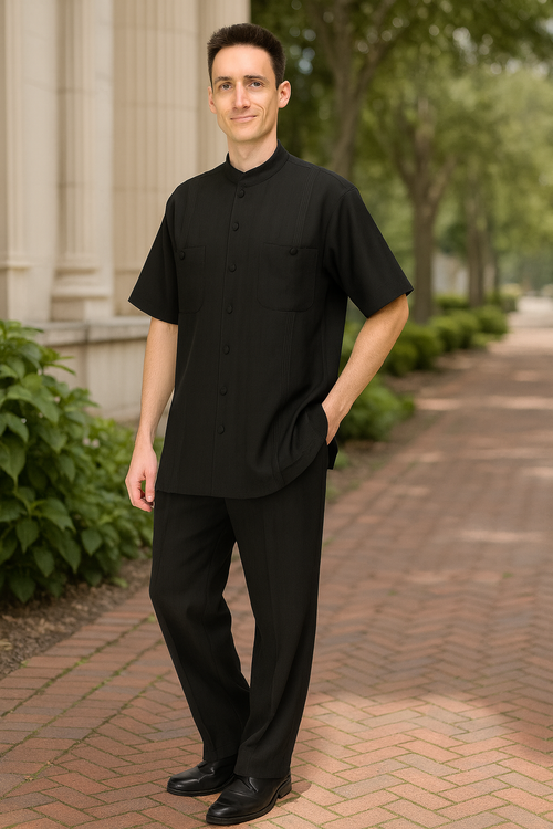 Alberto Nardoni men's black walking suit: short-sleeve, banded collar shirt with button-front and two pockets. Matching straight-leg pants, all in a smooth, solid black fabric.