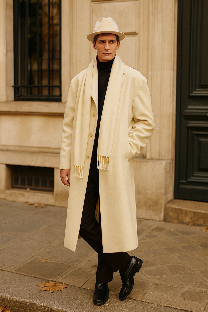 Men's long ivory wool overcoat. Full-length, straight cut, three-button closure, and side pockets. Classic design.