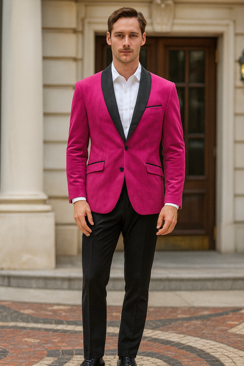 Men's fuchsia tuxedo blazer with black satin lapel and structured fit. Features dual front pockets, paired with fitted black pants for a sharp, coordinated look.