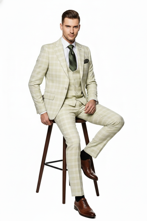 Alberto Nardoni men's 3-piece suit in light beige check. Features fitted jacket, vest & slim-fit trousers. Textured fabric, tailored silhouette. Includes green tie & pocket square.