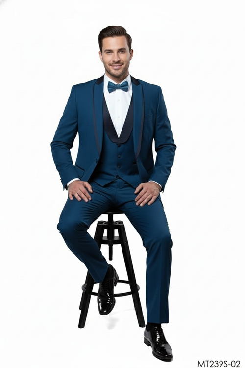 Men's teal blue 3-piece tuxedo suit: fitted jacket with satin shawl collar, matching waistcoat, and tailored trousers. Smooth, subtly sheen fabric. Formal wear.