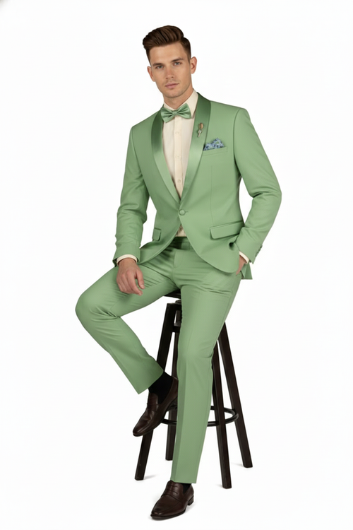 Men's mint green 2-piece tuxedo suit: Slim-fit blazer with single button, notched lapels, and front pockets. Matching straight-leg trousers. Lightweight, matte fabric for a tailored, monochromatic look.