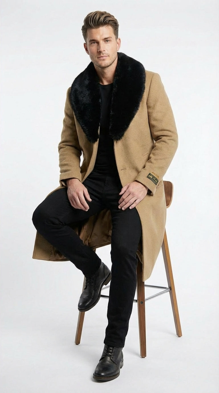 Mens Camel Tan Long Overcoat with Black Faux Fur Collar - Wool Topcoat Three if not Full length