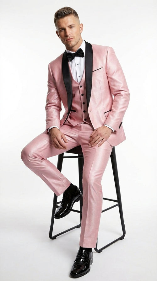 Men’s Blush Pink Shiny 3 Piece Suit with Black Shawl Lapel | Light Pink Prom Suit Sharkskin Fabric - Ultra Slim Fit