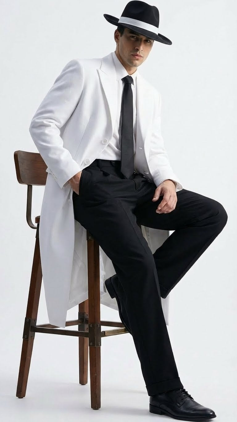 Mens White Long Zoot Style Suit | Vintage Gangster Mafia Formal Coat with Black Pants