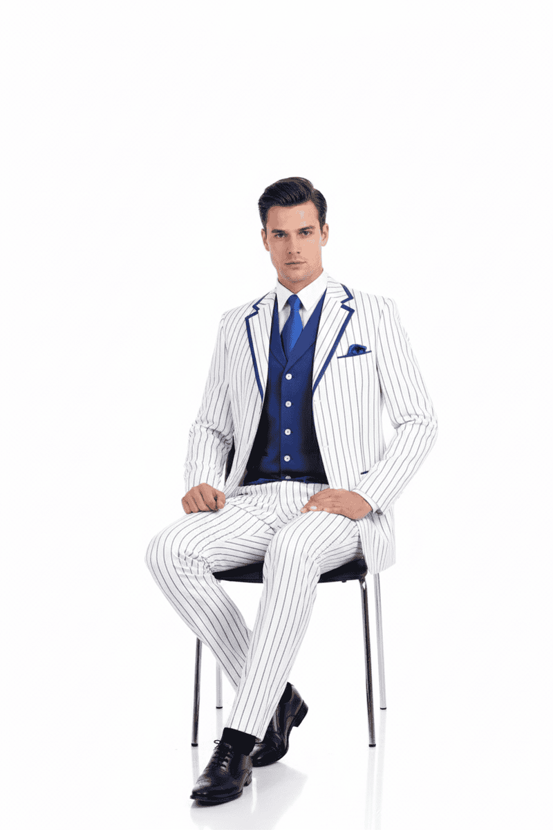 Men's white pinstripe 3-piece suit: classic fit blazer, vest, and pants. Blazer has blue trim and notch lapel. Vest is royal blue. Tapered pants match the blazer. Styled with a blue tie and pocket square.