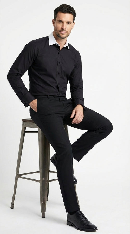 Mens Black Dress Shirt with White Contrast Collar | French Cuff Cotton Poplin Formal Button-Up Shirt