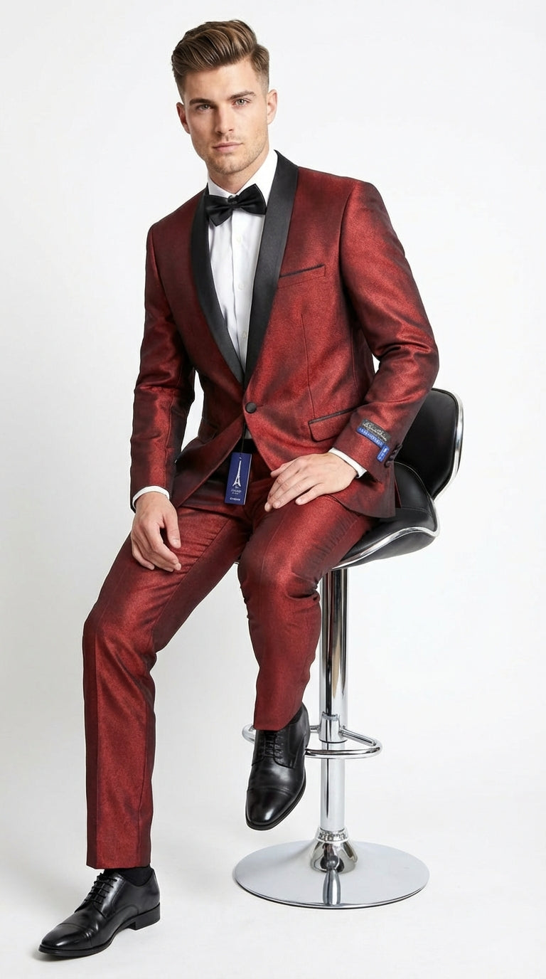 Mens Shiny Burgundy Satin Tuxedo Jacket with Black Shawl Lapel | Formal Wedding & Prom Blazer - Sharkskin Fabric
