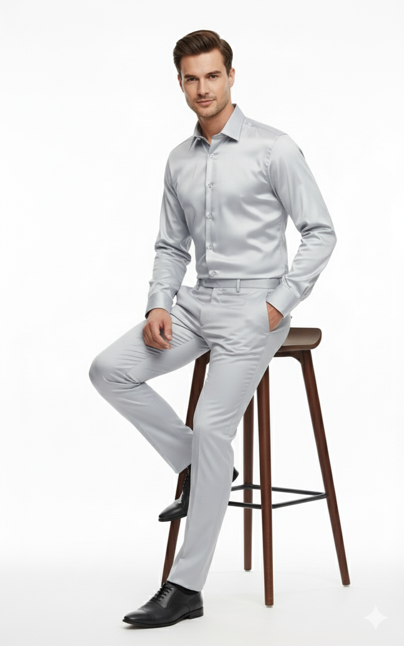 Men's silver satin dress set: slim fit shirt with classic collar & long sleeves, paired with tailored, slim-cut pants. Smooth texture, light sheen for a luxurious look.