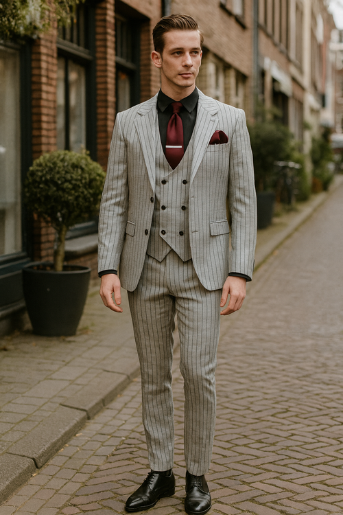 Men's light grey pinstripe 3-piece suit. Features: tailored blazer, vest, slim trousers. Smooth fabric with vertical pinstripes. Worn with a black shirt & burgundy tie.