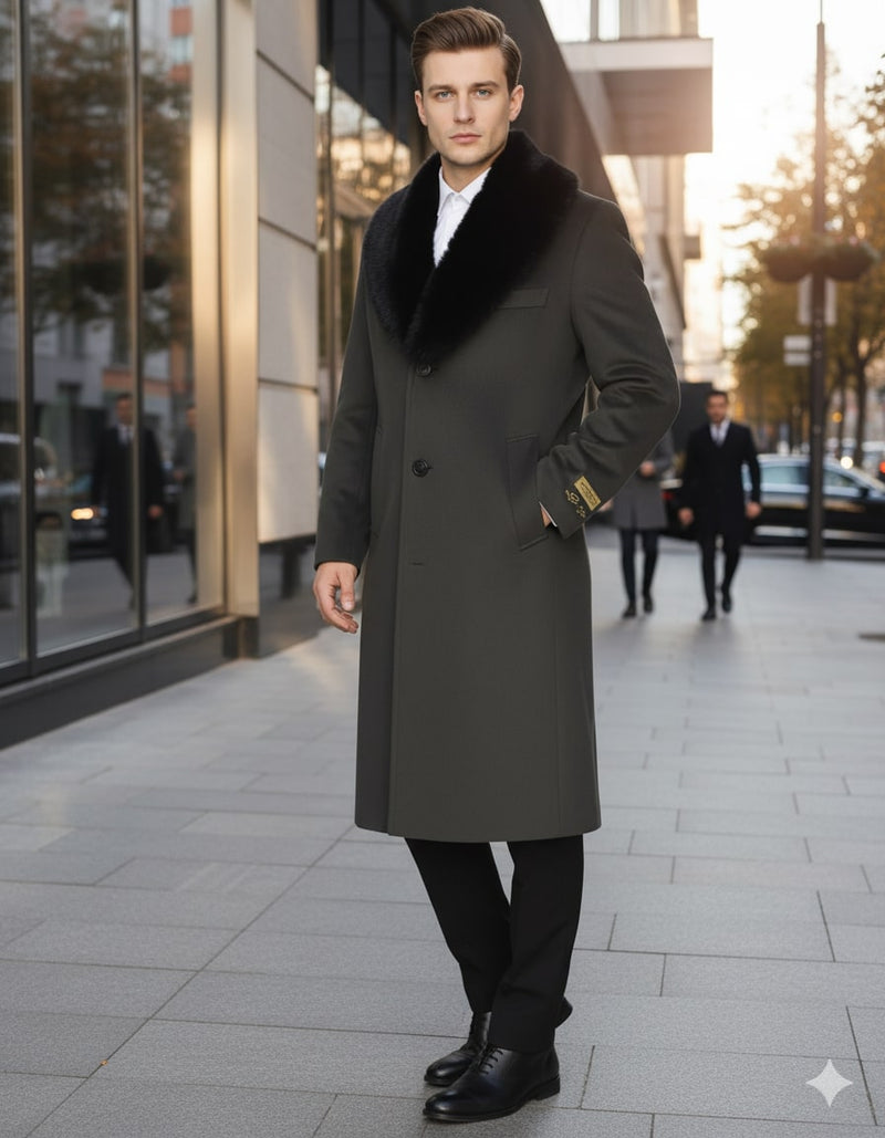 Men's hunter green overcoat crafted from luxury wool. Features a black fur collar, button-front closure, and streamlined silhouette. Mid-calf length with tailored sleeves.