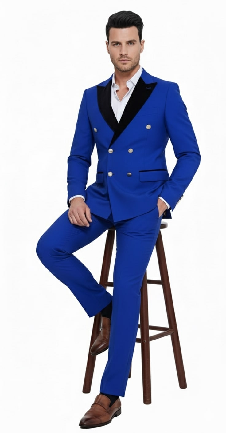 Royal blue men's double-breasted tuxedo suit. Modern slim fit, black satin lapel, gold buttons. Matching royal blue, straight-leg trousers. Two side pockets.