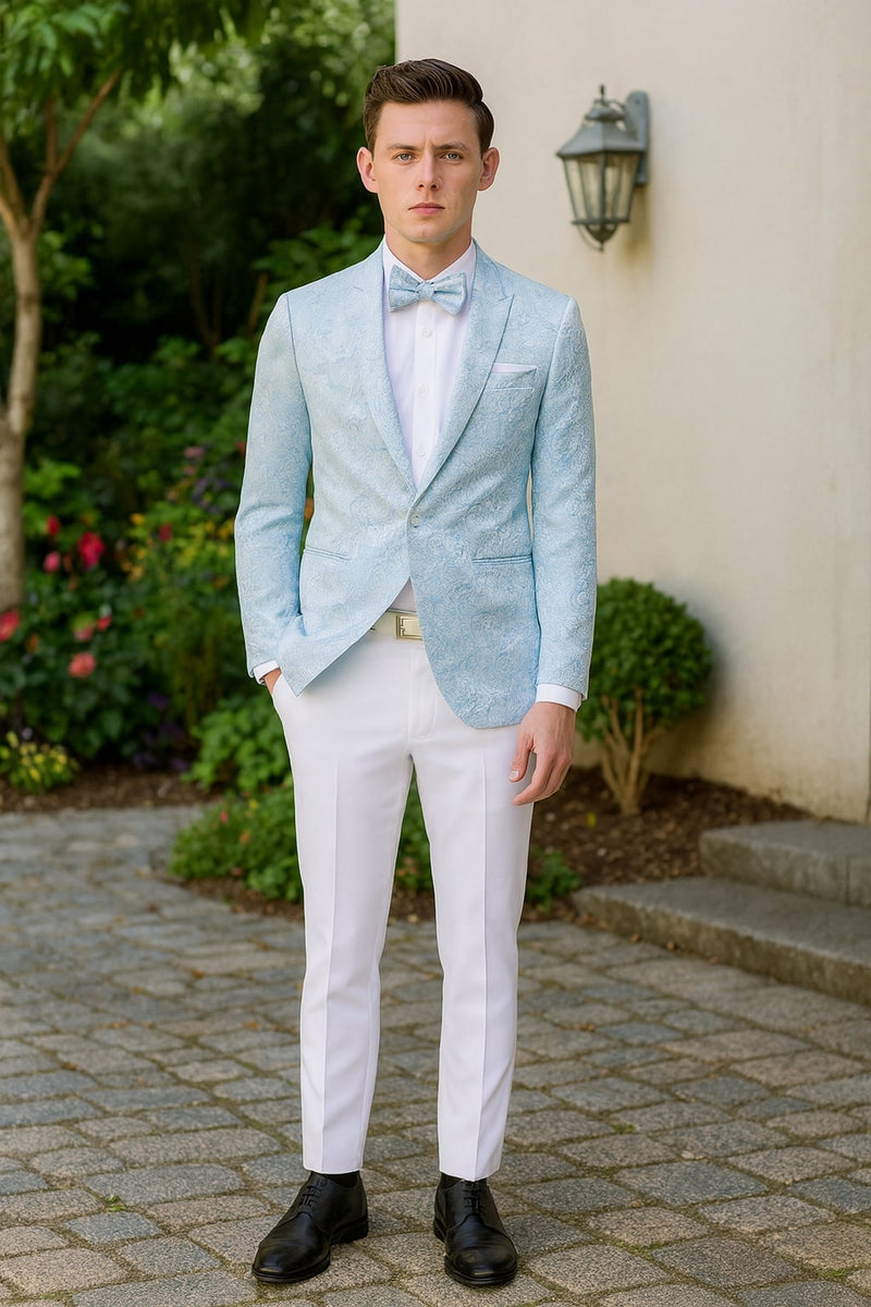 Light blue paisley tuxedo jacket with shawl lapels, textured pattern, and matching bow tie. Single-button closure and two front pockets.