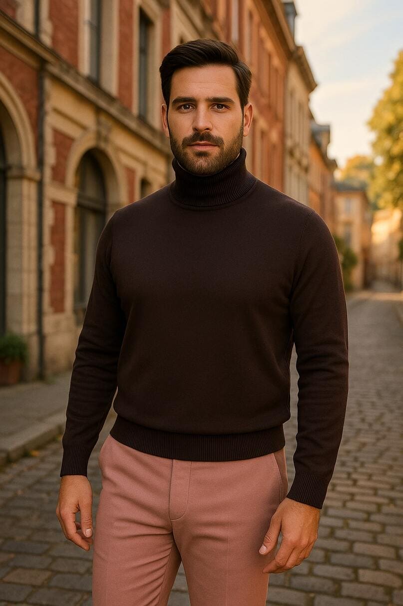 Men's Brown Turtleneck Sweater – Classic Slim Fits Knit Pullover for Fall and Winter